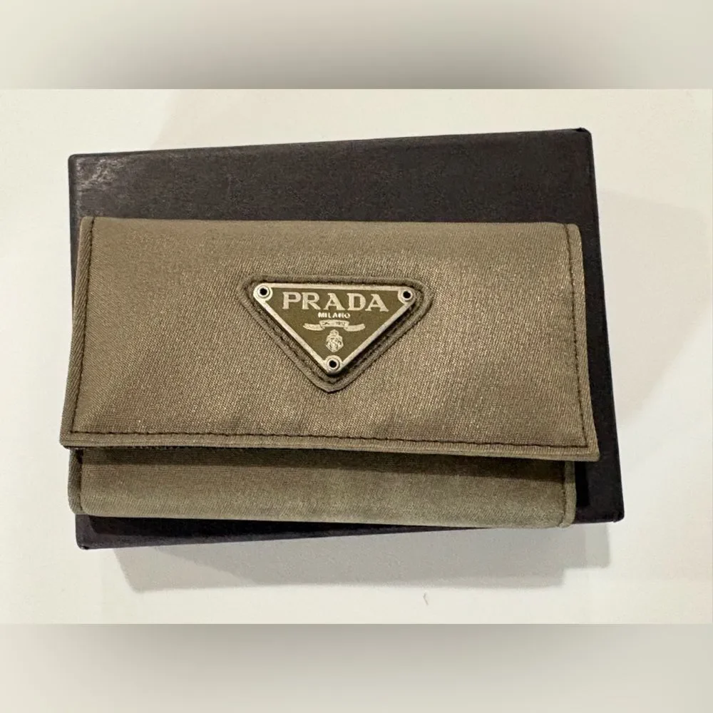 Prada  Beige Cloth Gold Triangular Logo Card Holder
